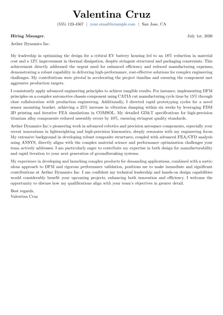 Product Development Engineer cover letter example preview