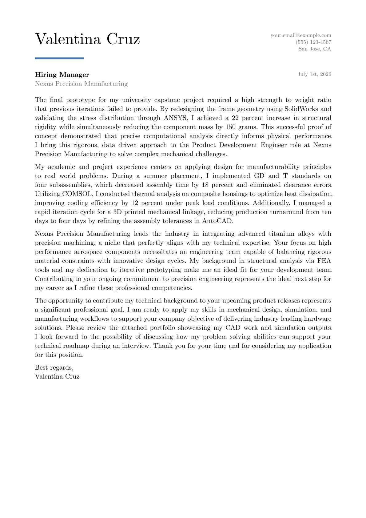 Product Development Engineer cover letter in the Executive design