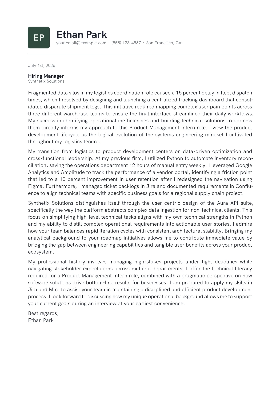 Product Management Intern cover letter in the Emblem design