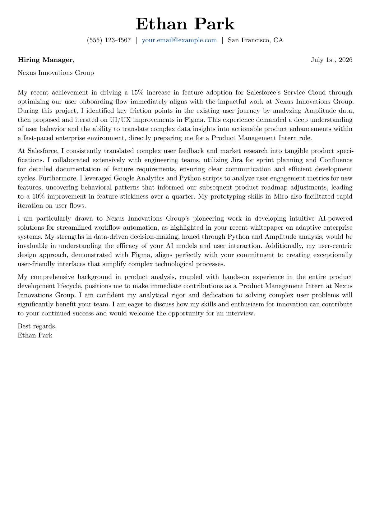 Product Management Intern cover letter formatted with a JobSprout template