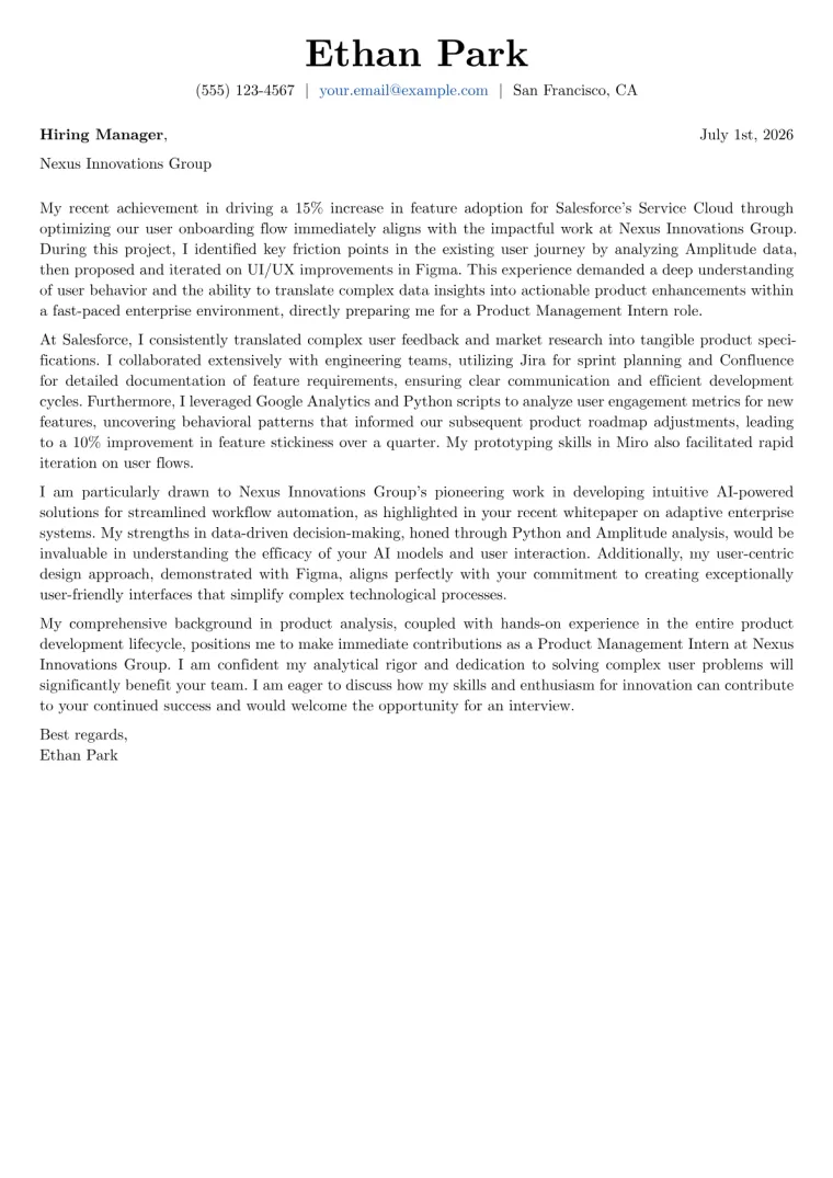 Product Management Intern cover letter example preview