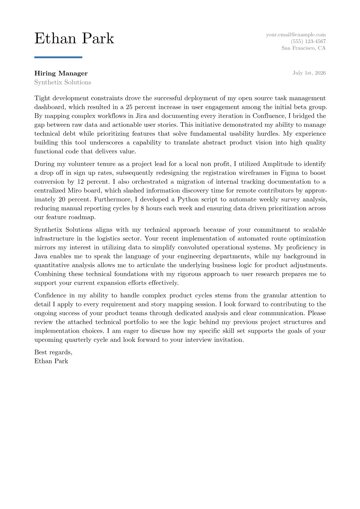 Product Management Intern cover letter in the Executive design