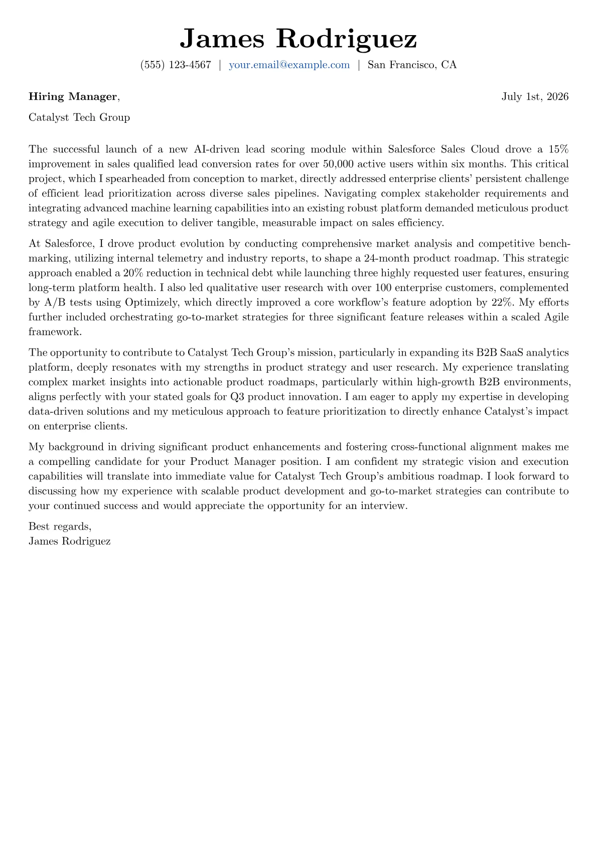 Product Manager cover letter formatted with a JobSprout template
