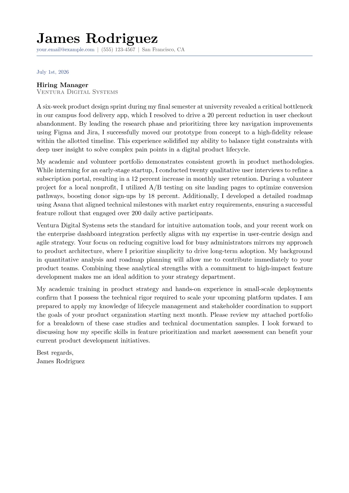 Product Manager cover letter in the Classic design