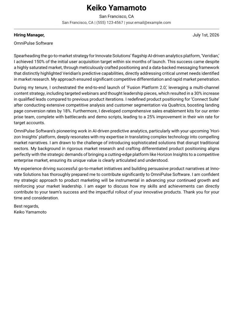 Product Marketing Manager cover letter example