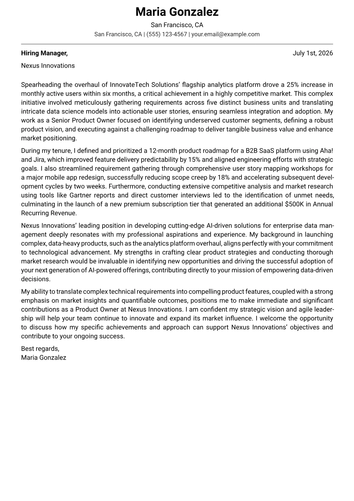 Product Owner cover letter formatted with a JobSprout template