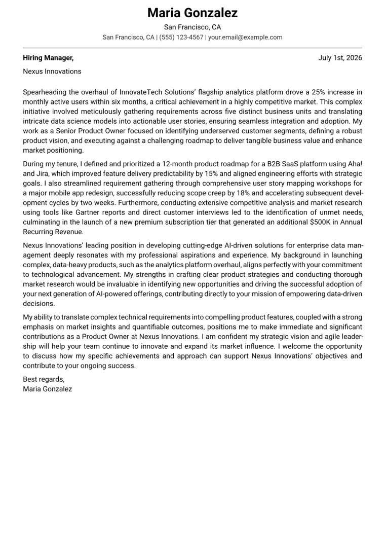Product Owner Cover Letter Example