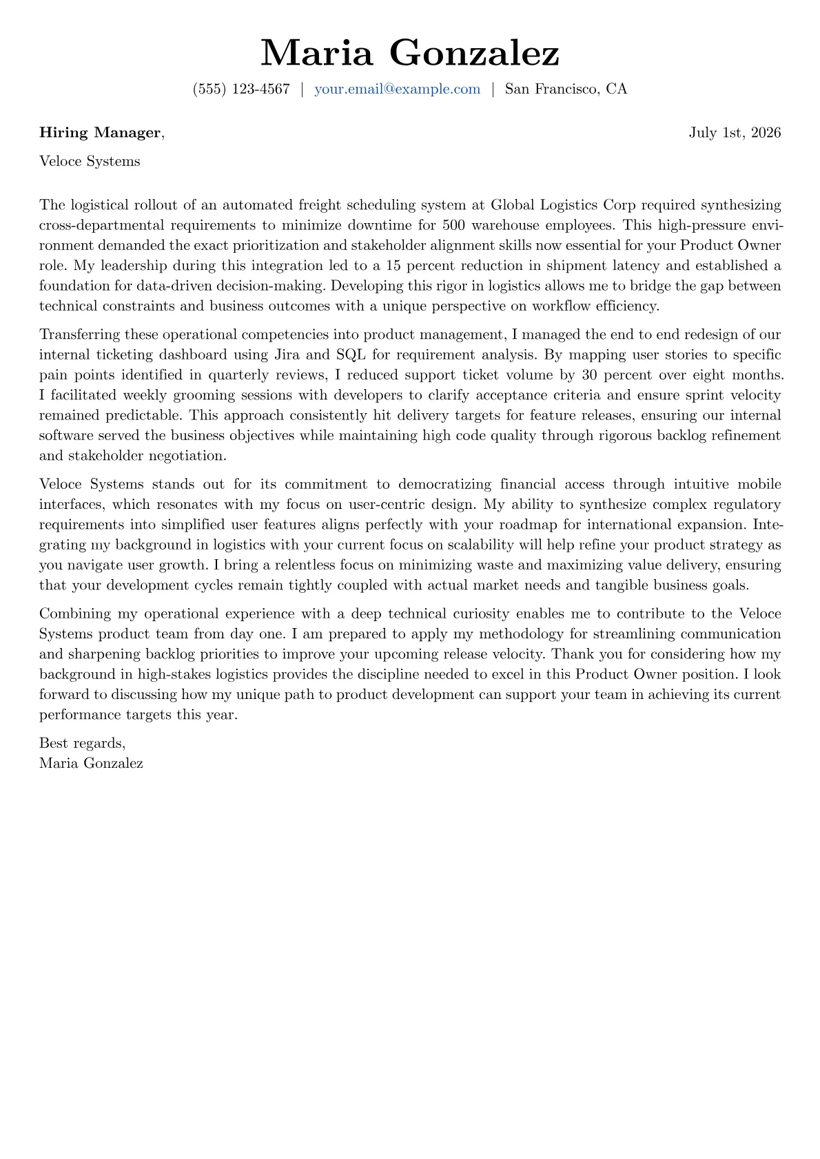 Product Owner cover letter in the Basic design