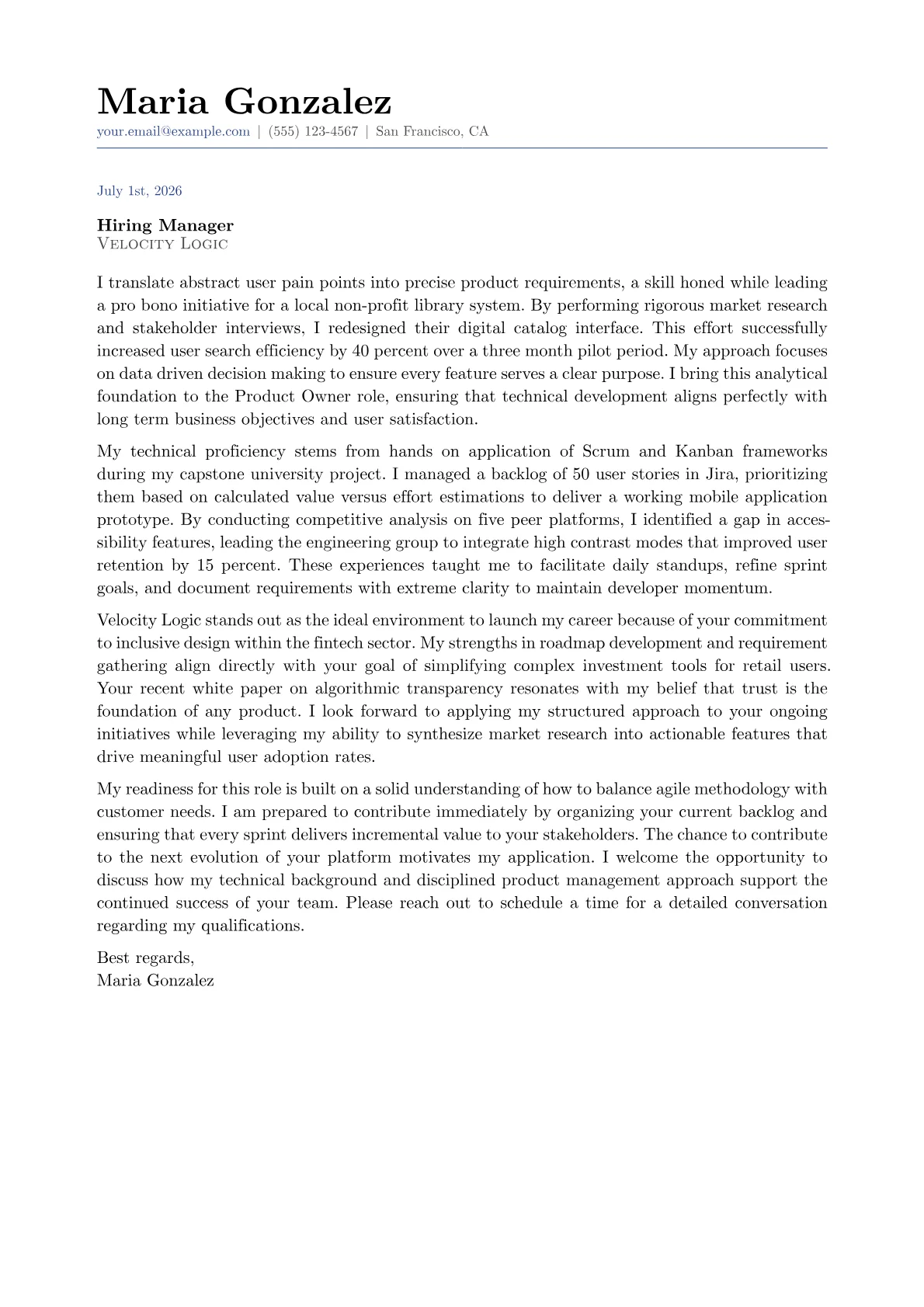 Product Owner cover letter in the Classic design