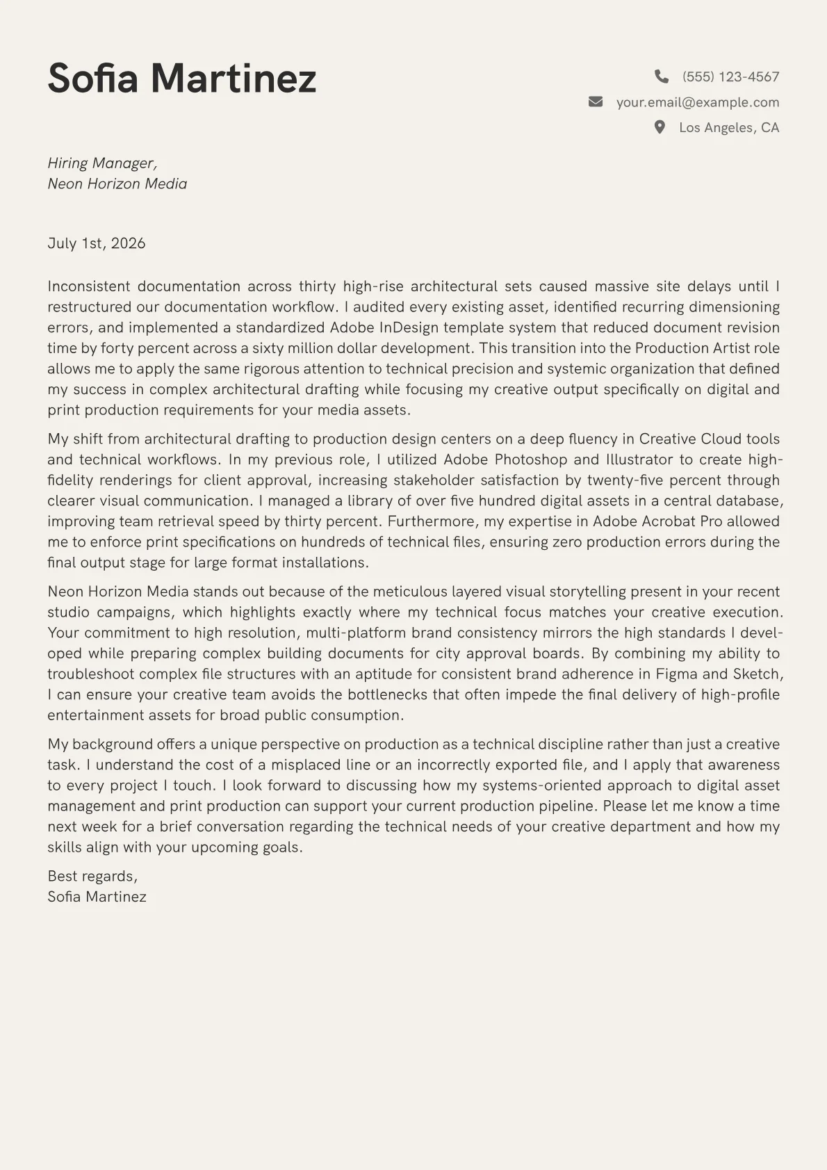 Production Artist cover letter in the Creative design
