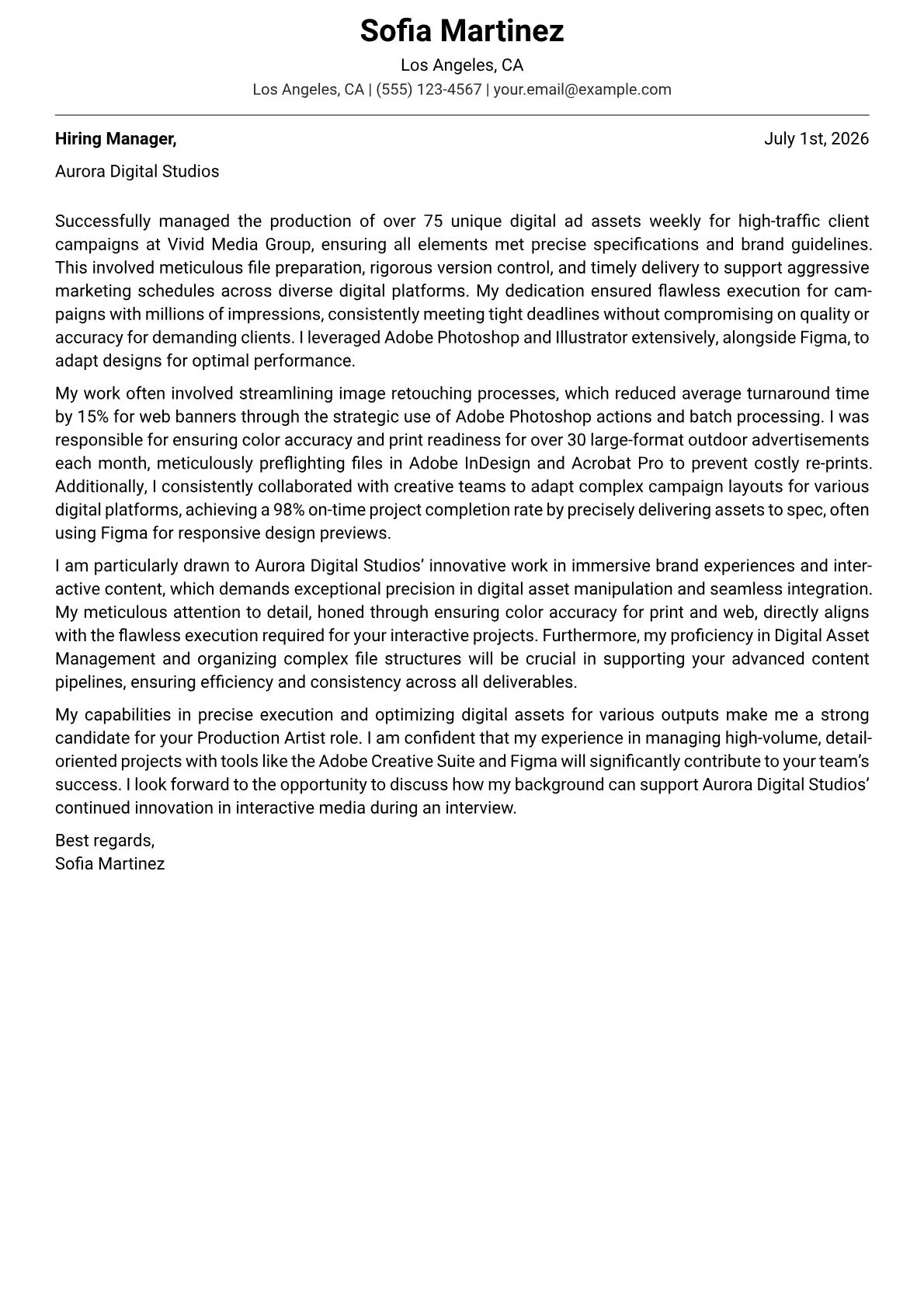 Production Artist cover letter formatted with a JobSprout template