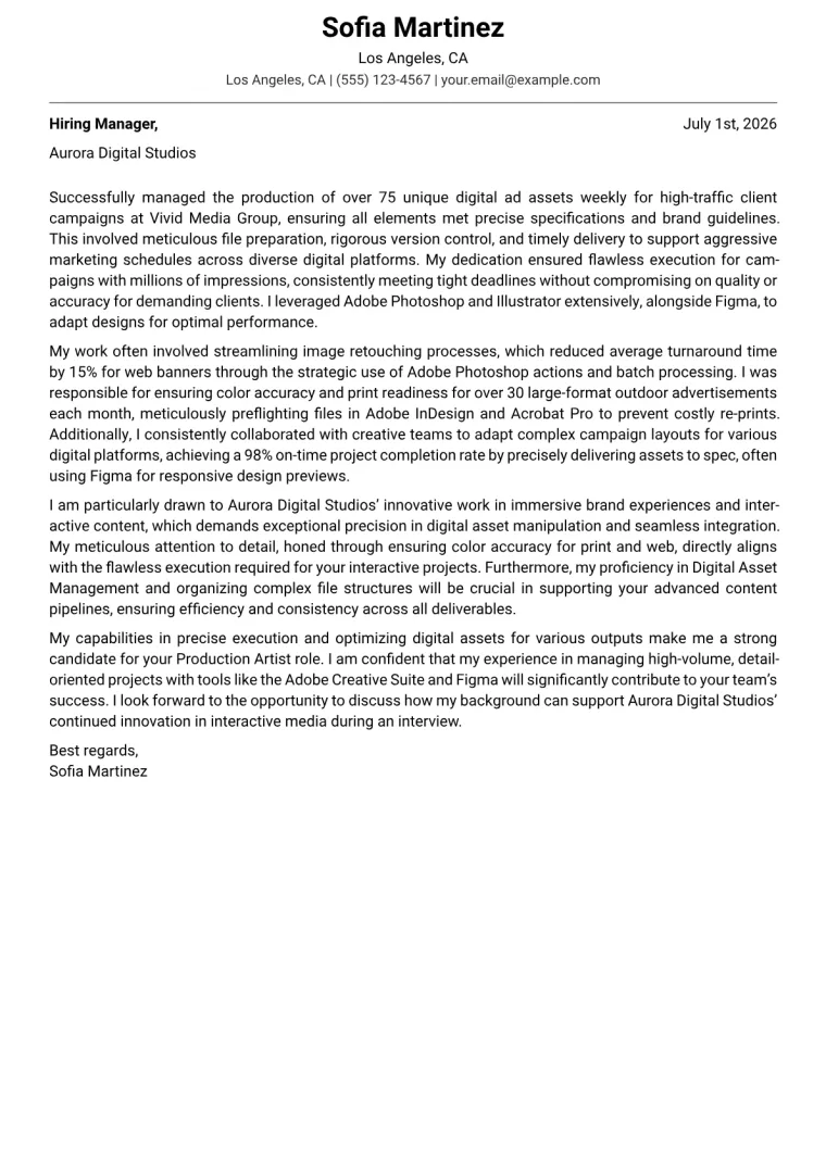 Production Artist cover letter example preview