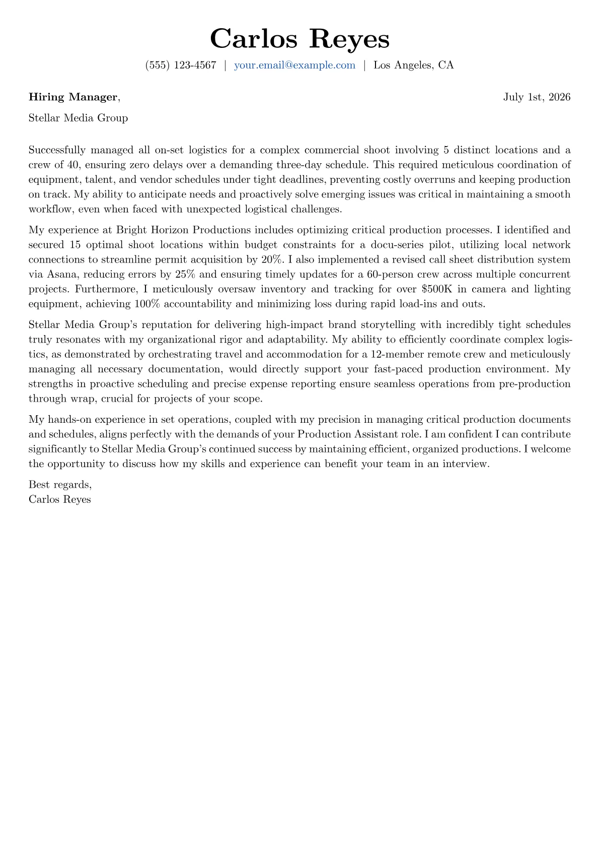 Production Assistant cover letter formatted with a JobSprout template