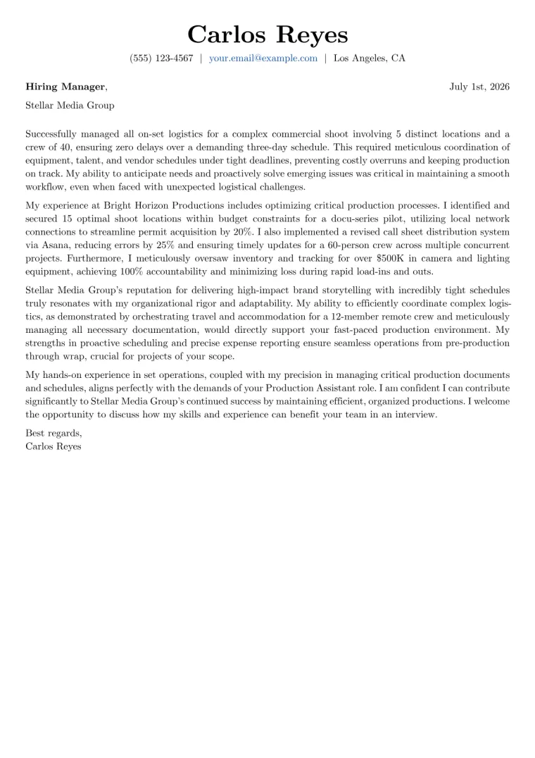 Production Assistant Cover Letter Example