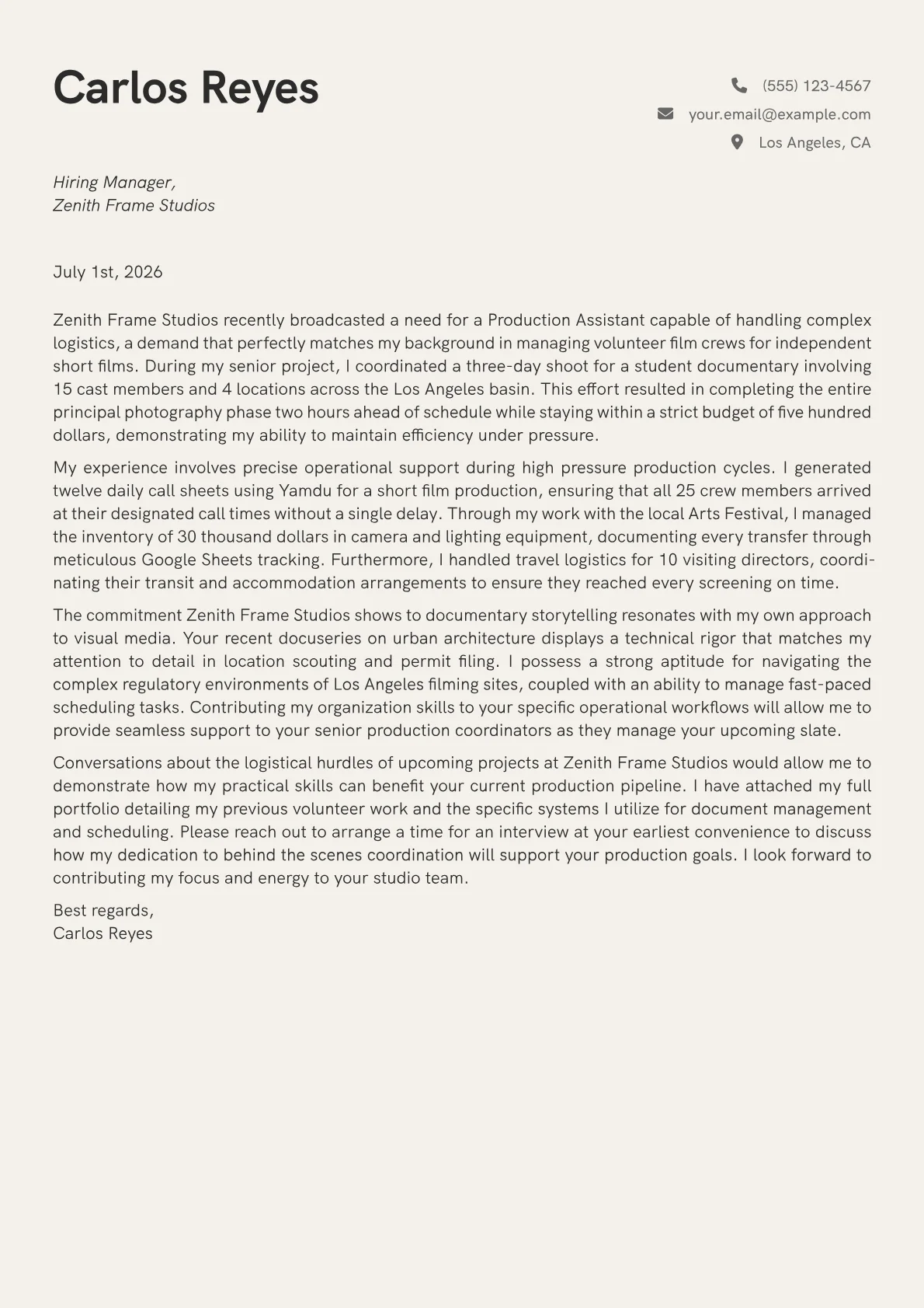 Production Assistant cover letter in the Creative design