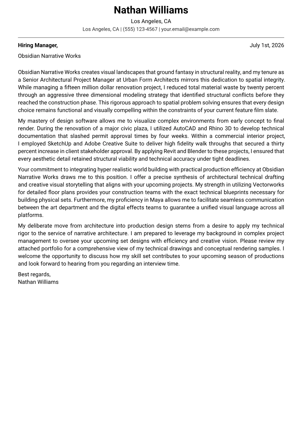 Production Designer cover letter in the Modern design