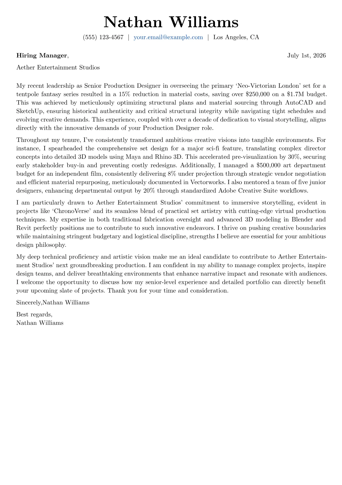 Production Designer cover letter formatted with a JobSprout template