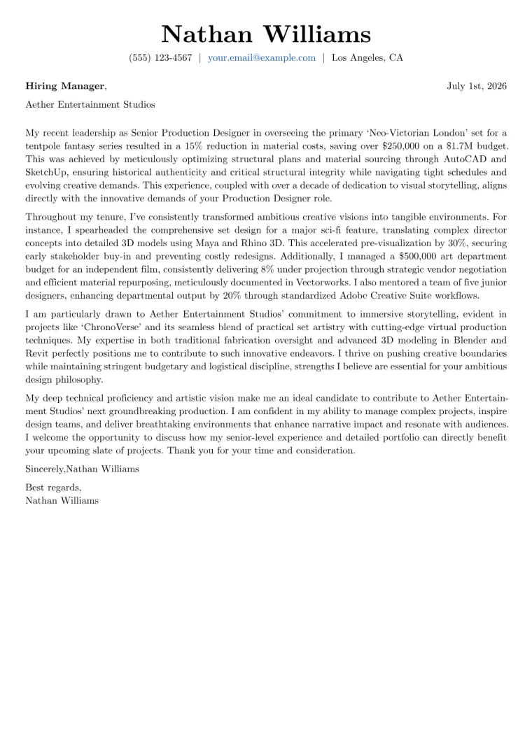 Production Designer cover letter example preview