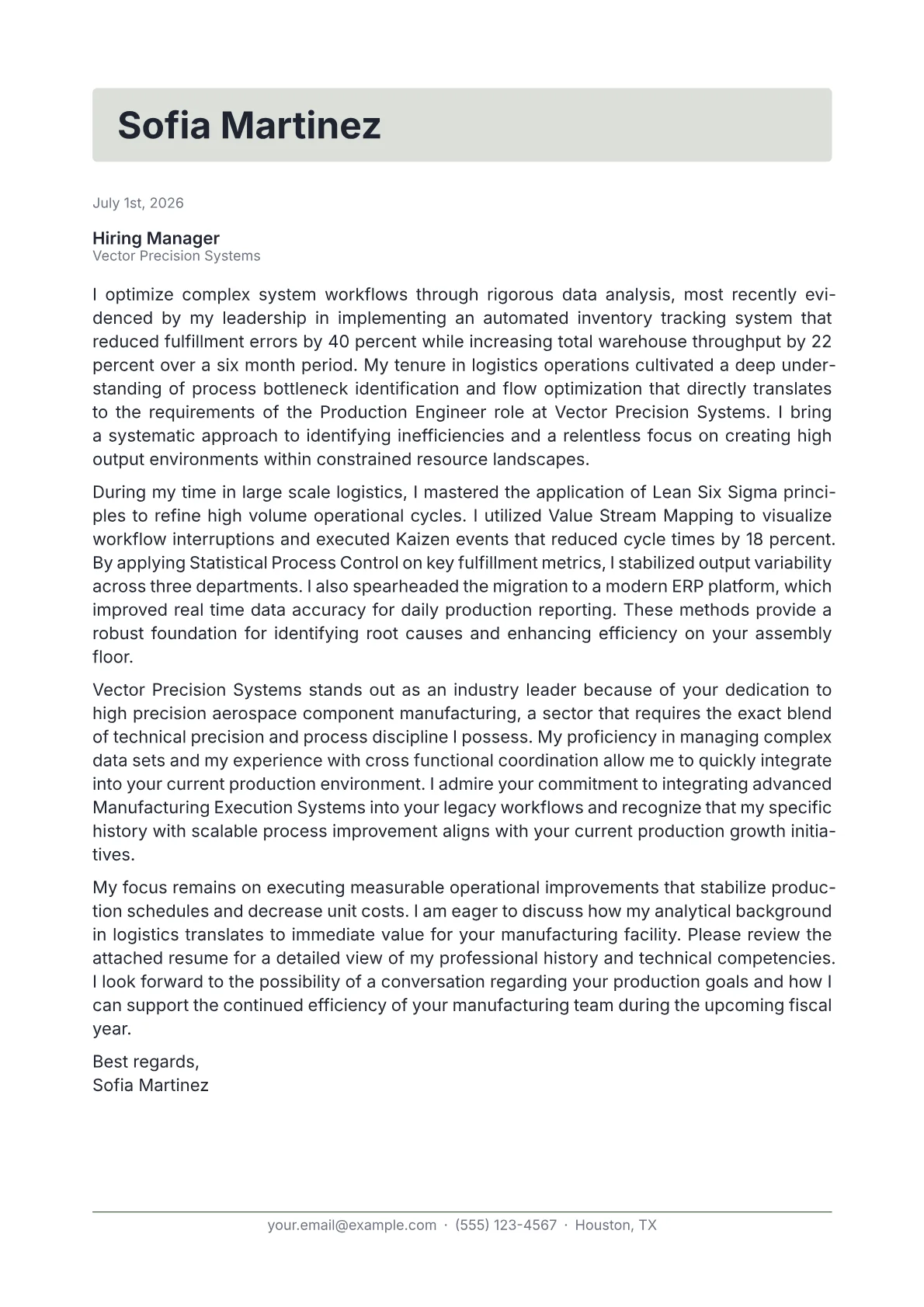 Production Engineer cover letter in the Letterhead design
