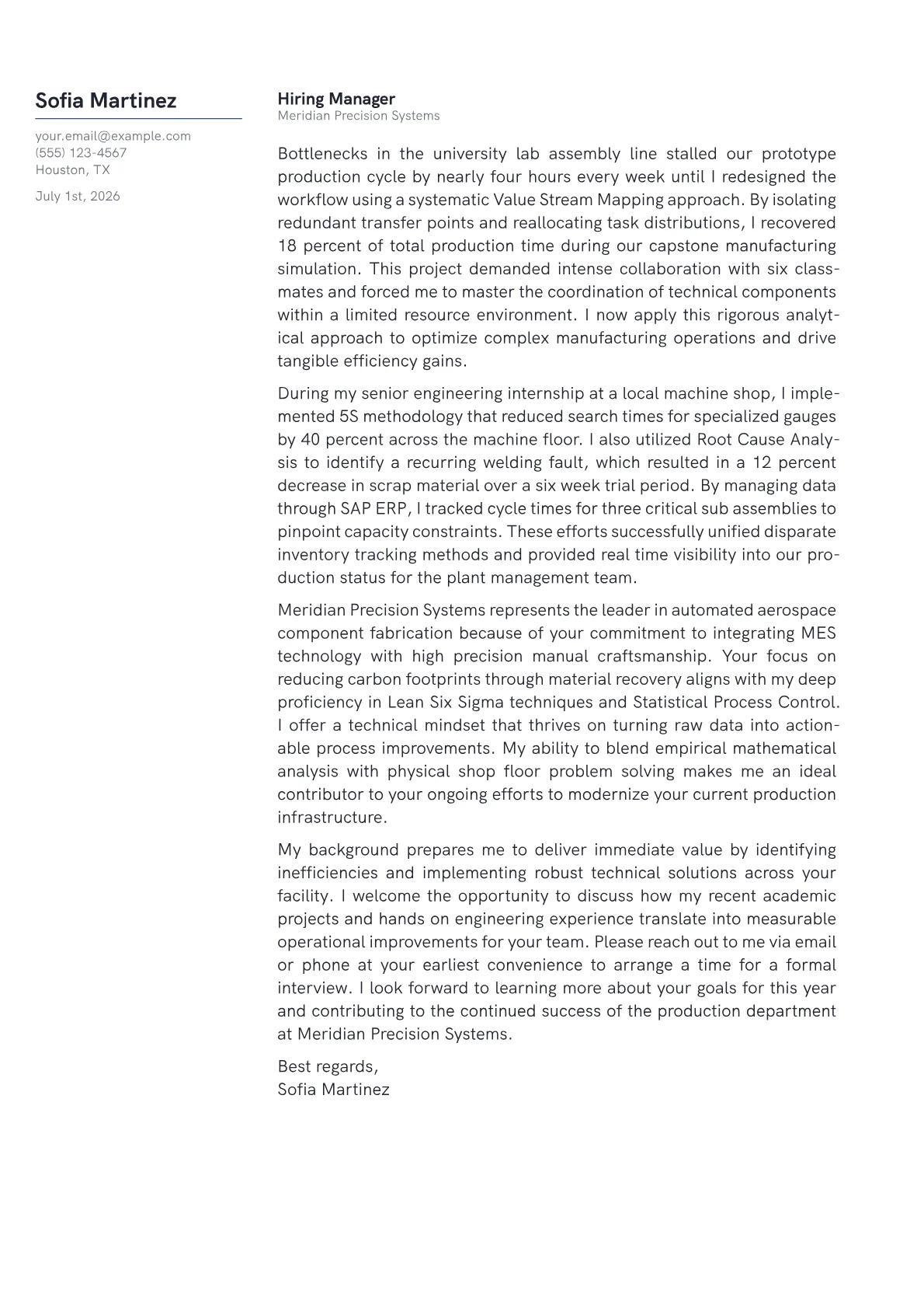 Production Engineer cover letter in the Margin design