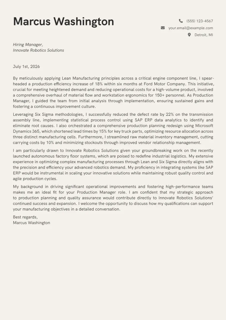 Production Manager Cover Letter Example