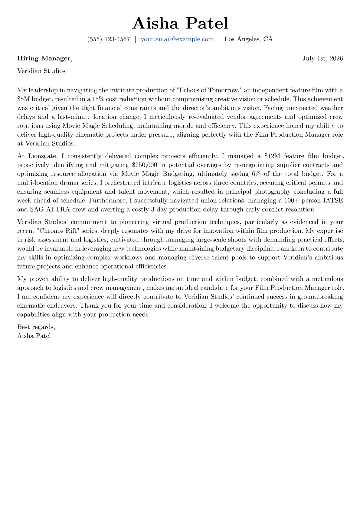 Film Production Manager cover letter formatted with a JobSprout template
