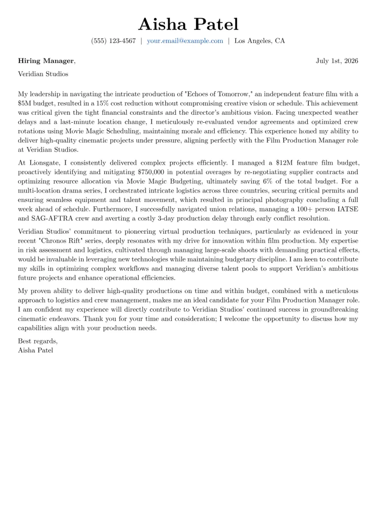 Film Production Manager cover letter example preview