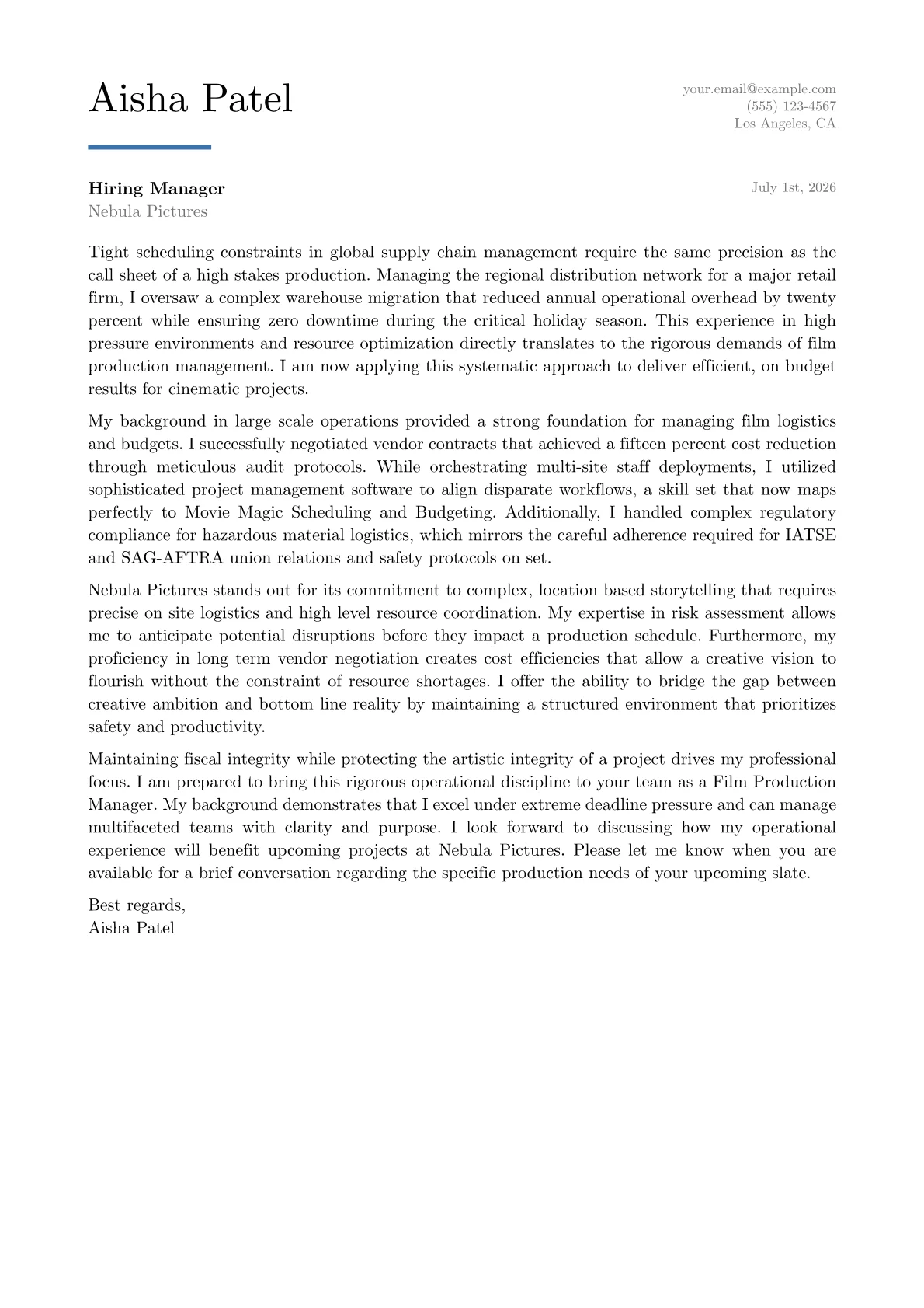 Film Production Manager cover letter in the Executive design
