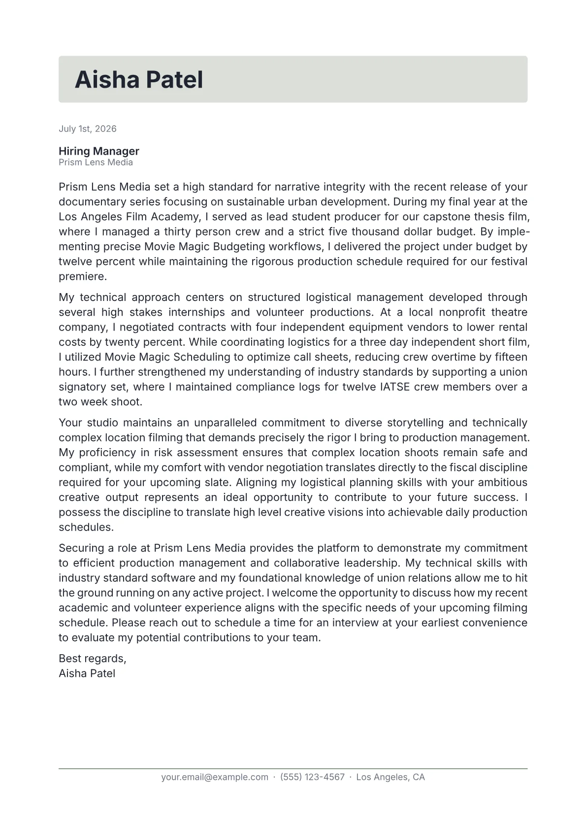 Film Production Manager cover letter in the Letterhead design