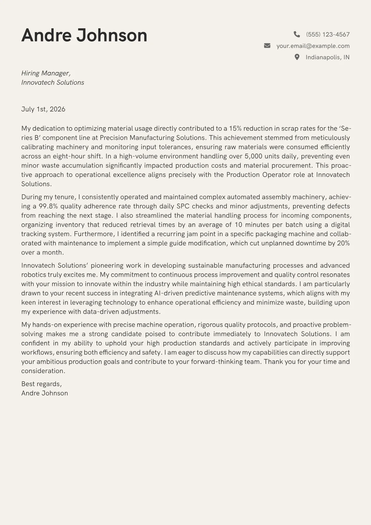 Production Operator cover letter formatted with a JobSprout template
