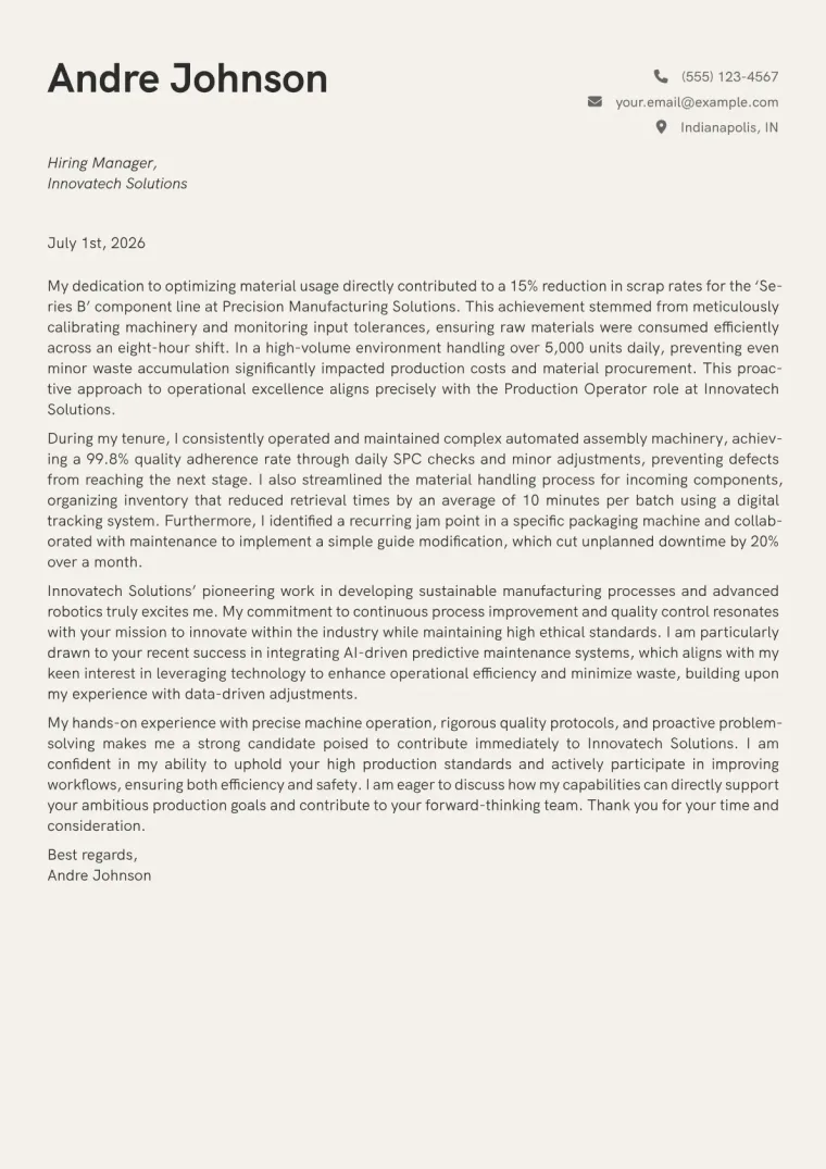 Production Operator Cover Letter Example