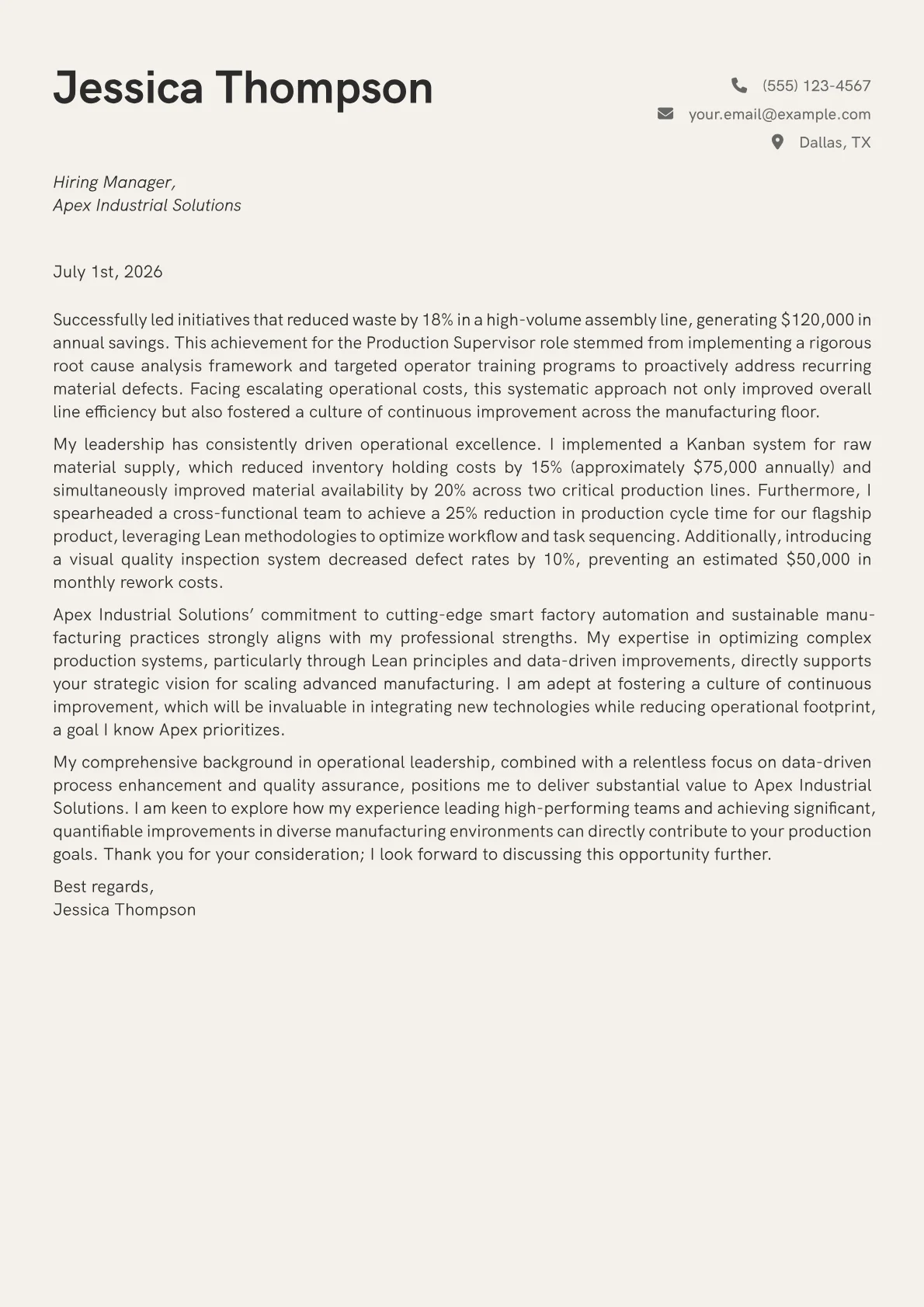 Production Supervisor cover letter formatted with a JobSprout template