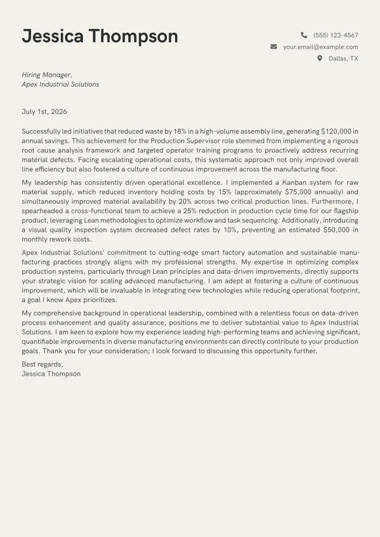 Production Supervisor Cover Letter Example