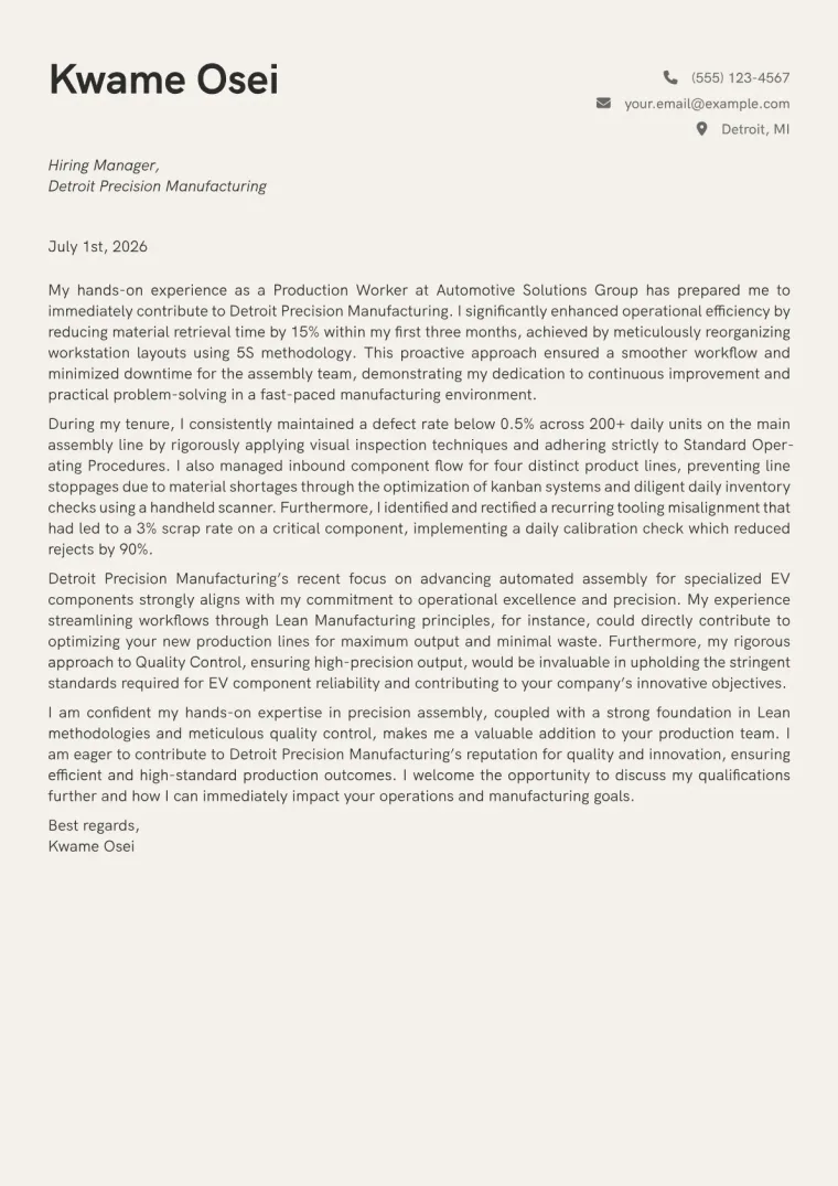 Production Worker cover letter example