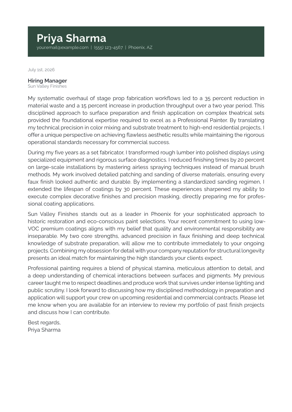 Professional Painter cover letter in the Banner design