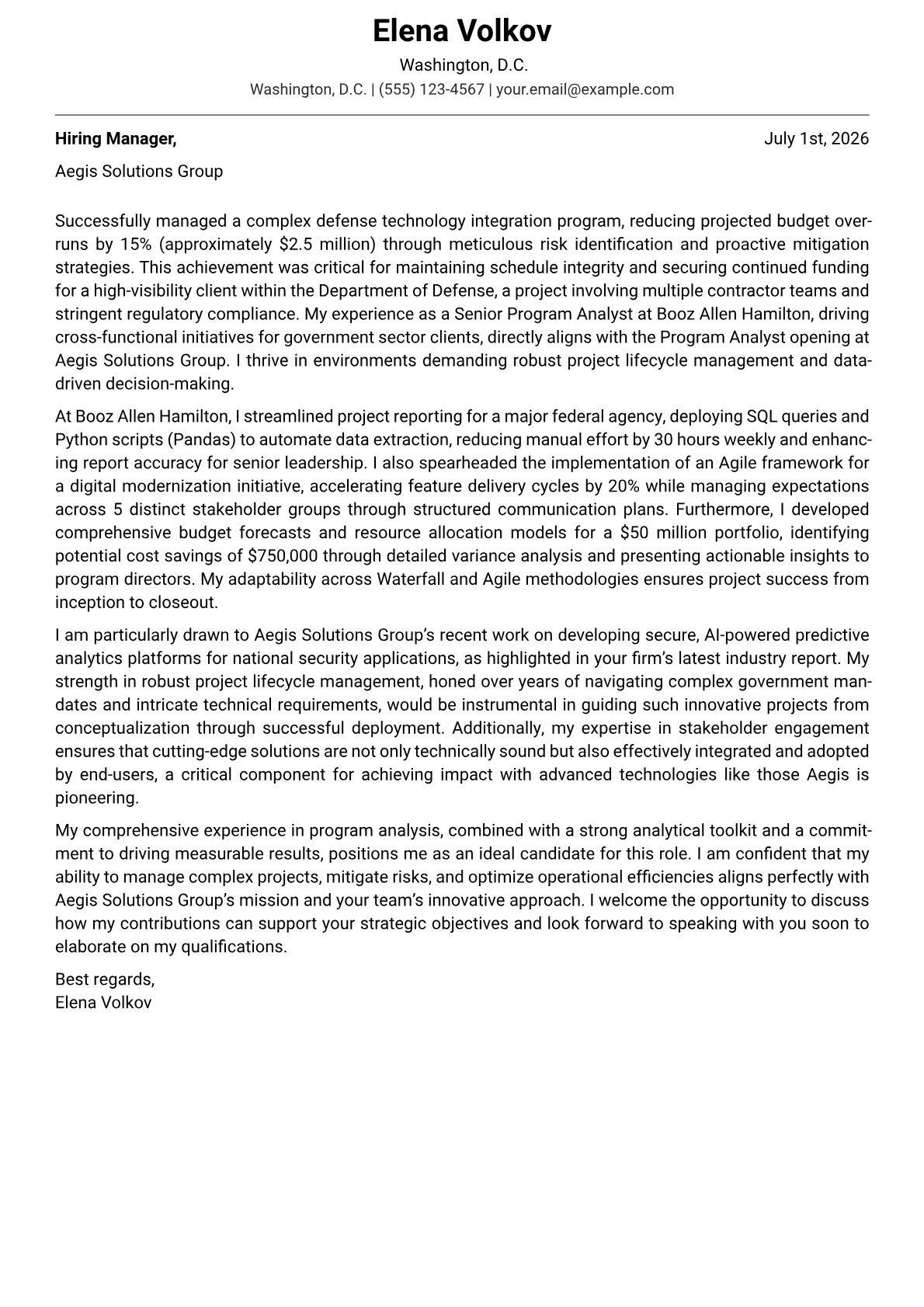 Program Analyst cover letter formatted with a JobSprout template