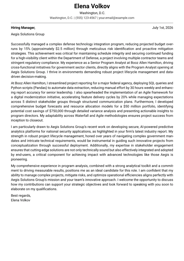 Program Analyst cover letter example preview