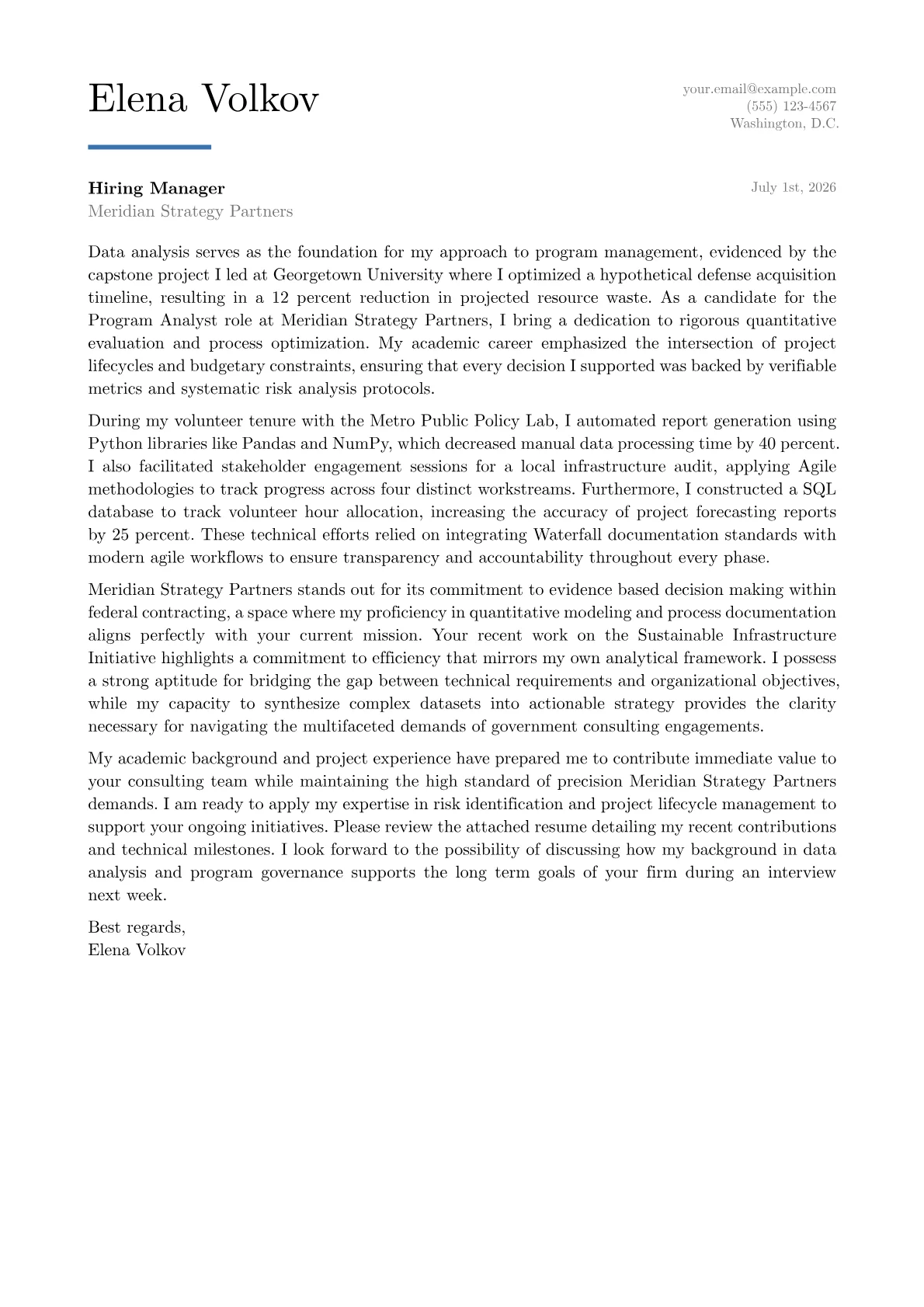 Program Analyst cover letter in the Executive design