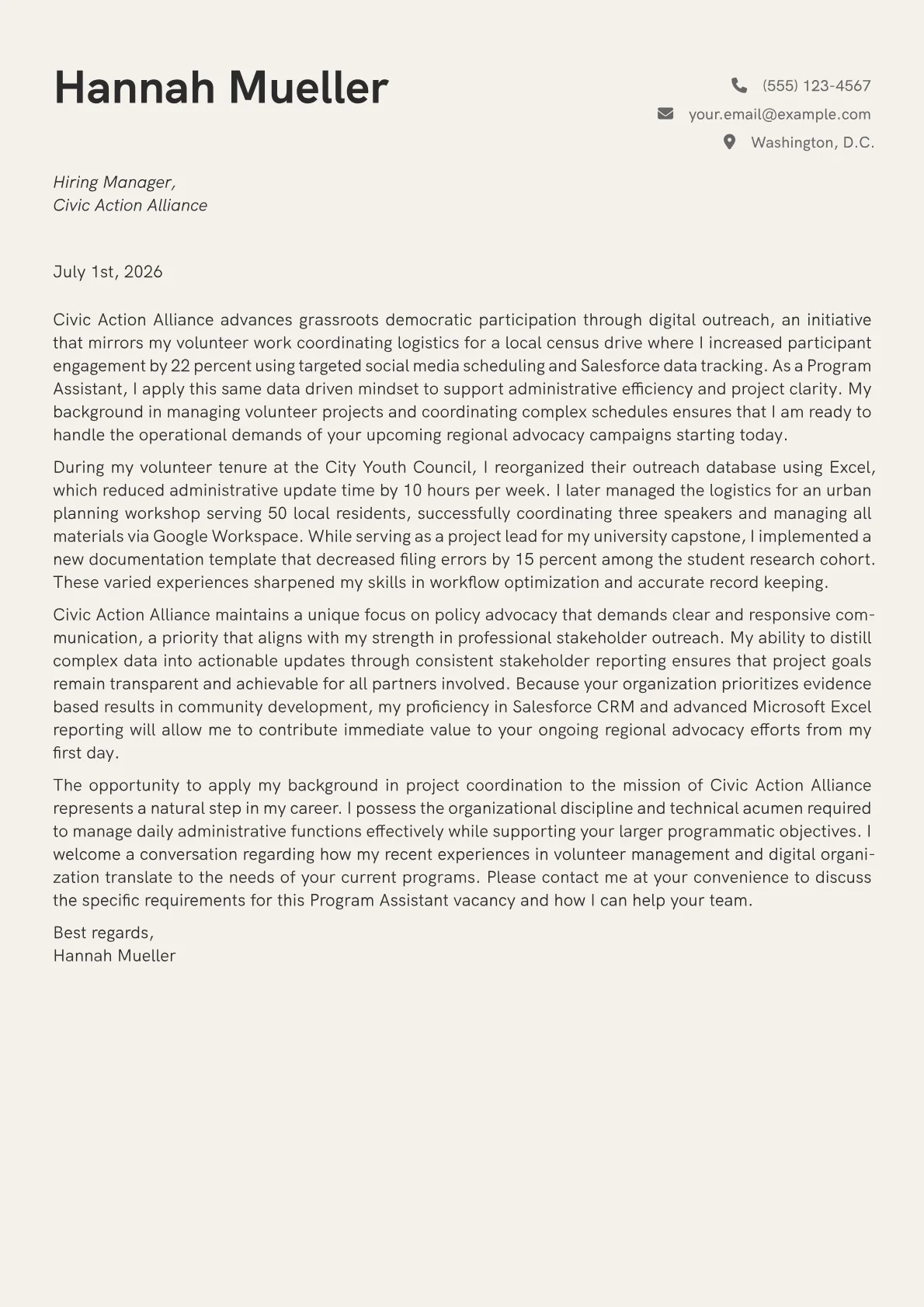 Program Assistant cover letter in the Creative design
