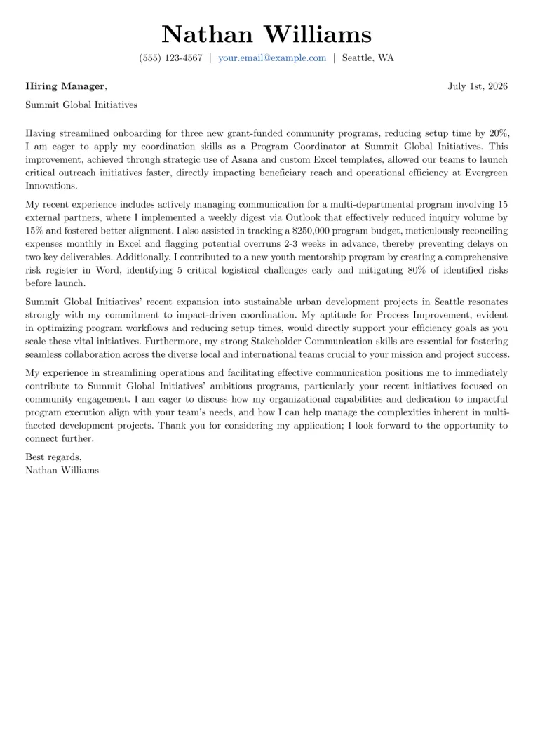 Program Coordinator Cover Letter Example
