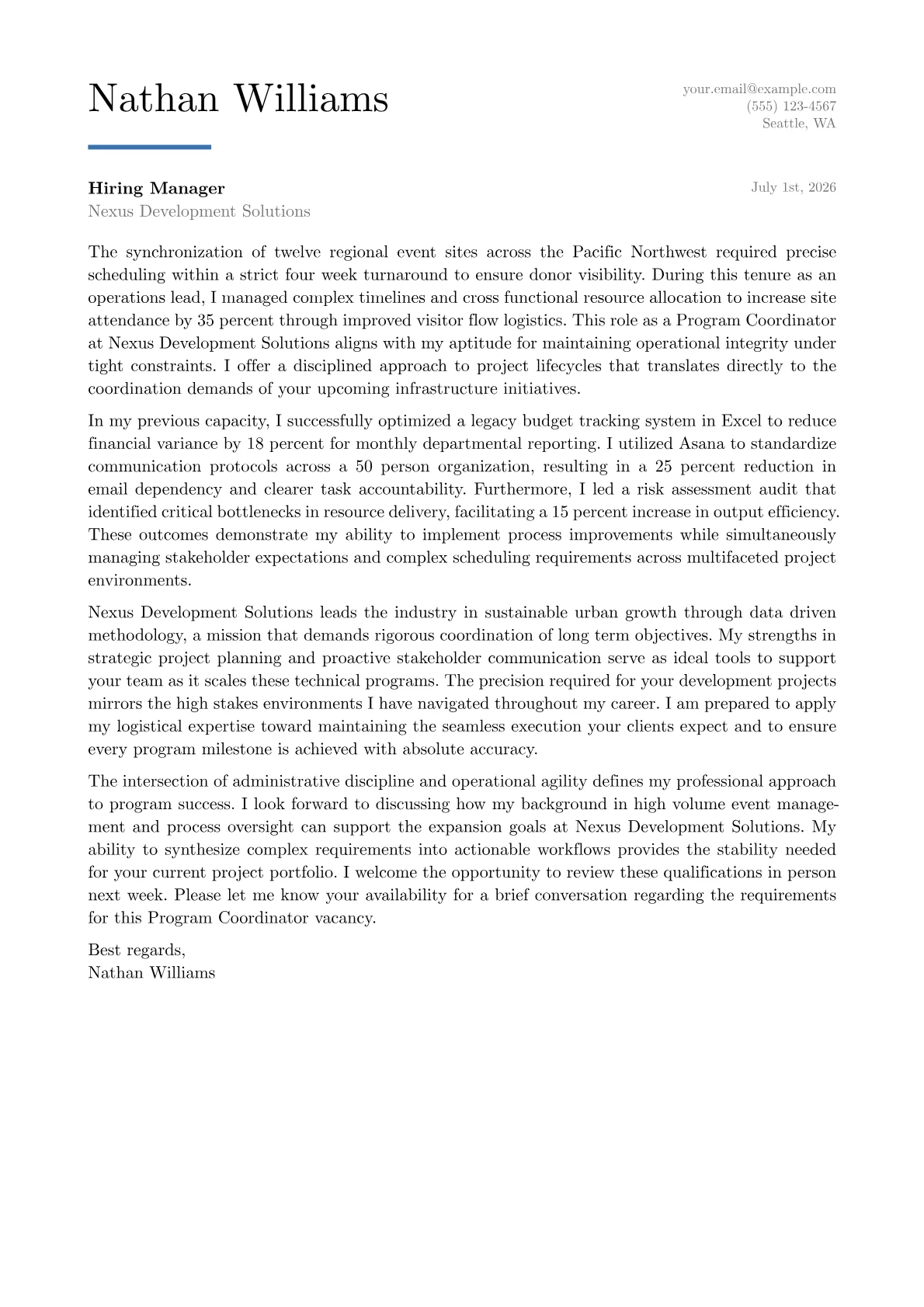 Program Coordinator cover letter in the Executive design