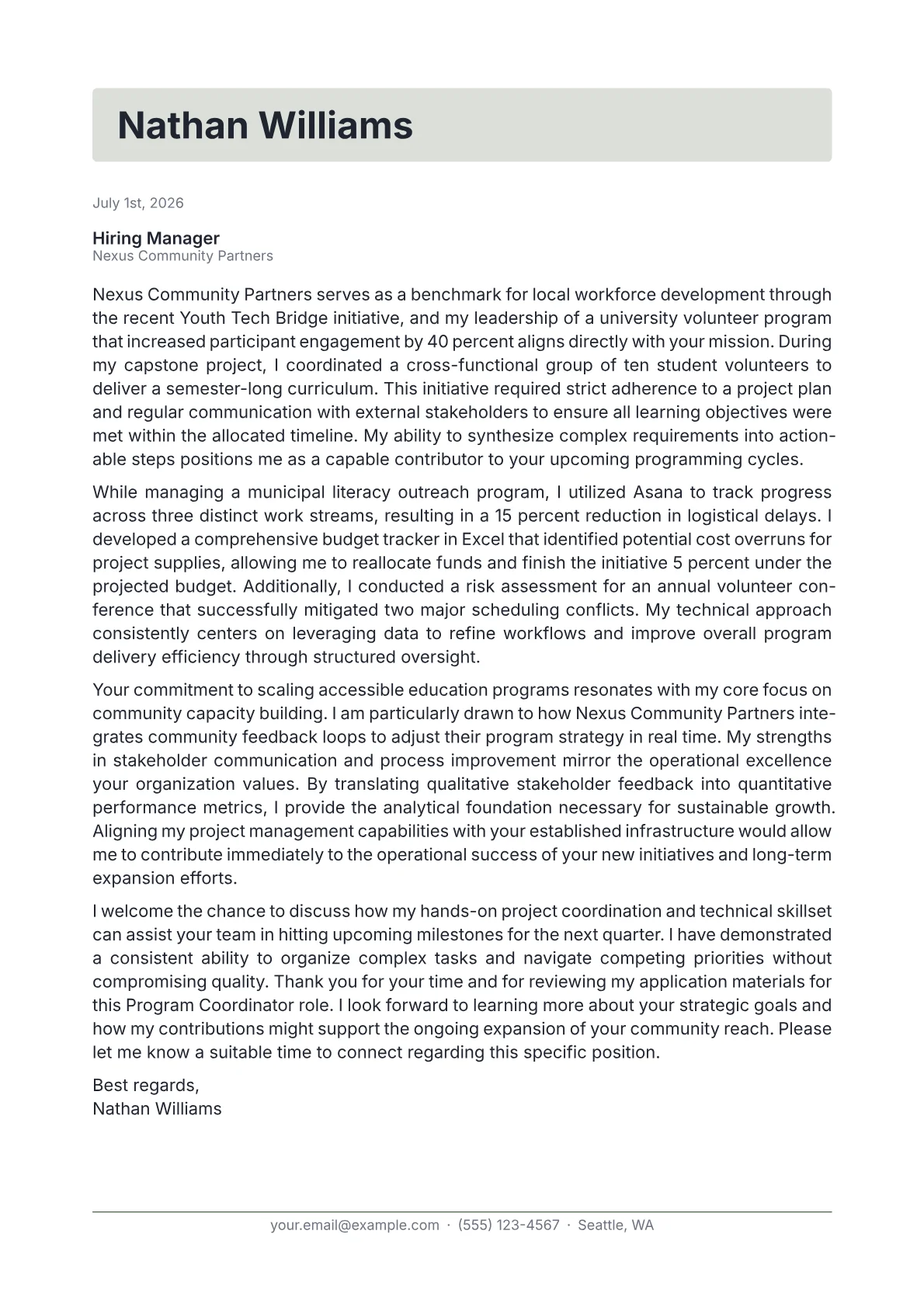 Program Coordinator cover letter in the Letterhead design