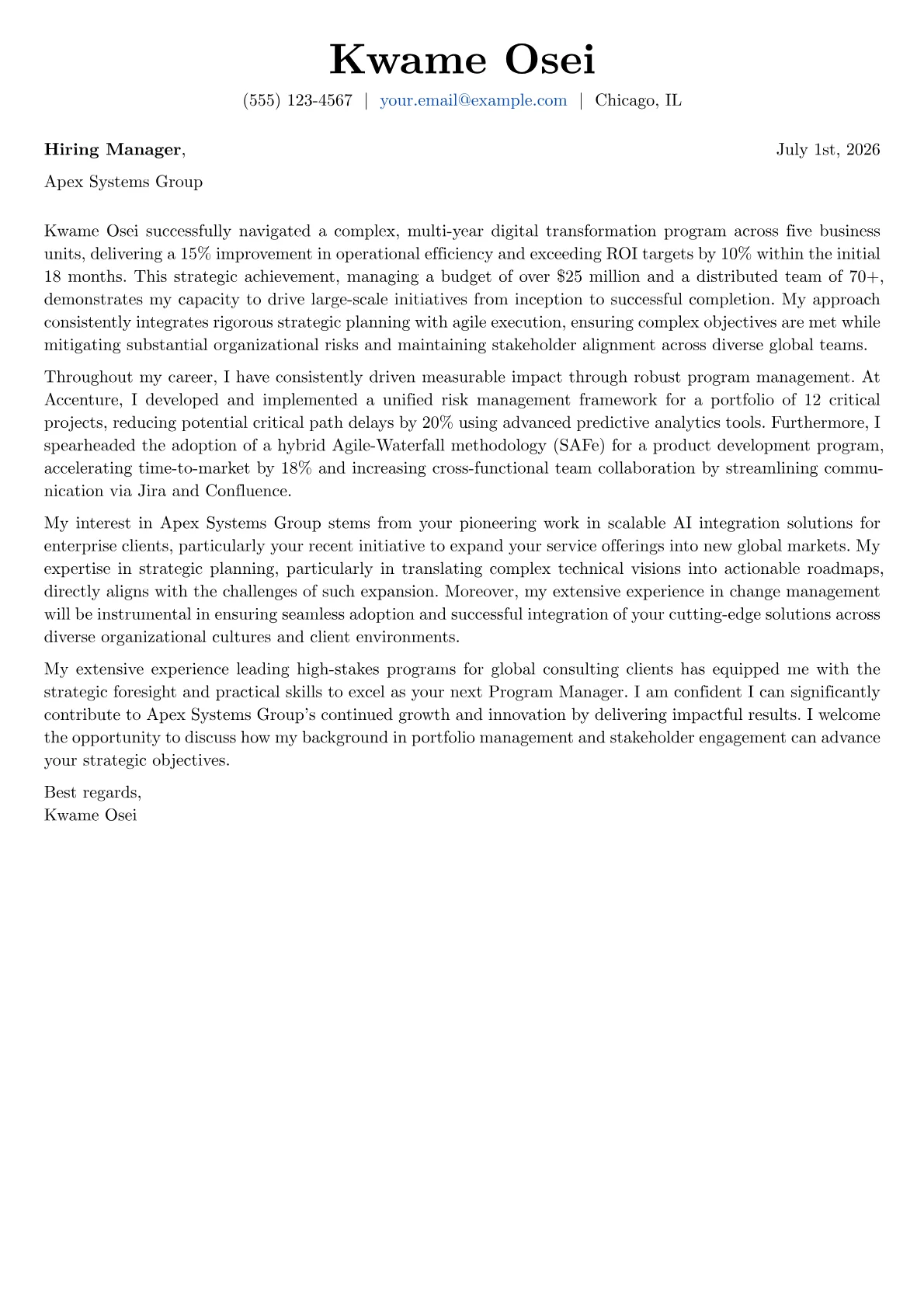 Program Manager cover letter formatted with a JobSprout template