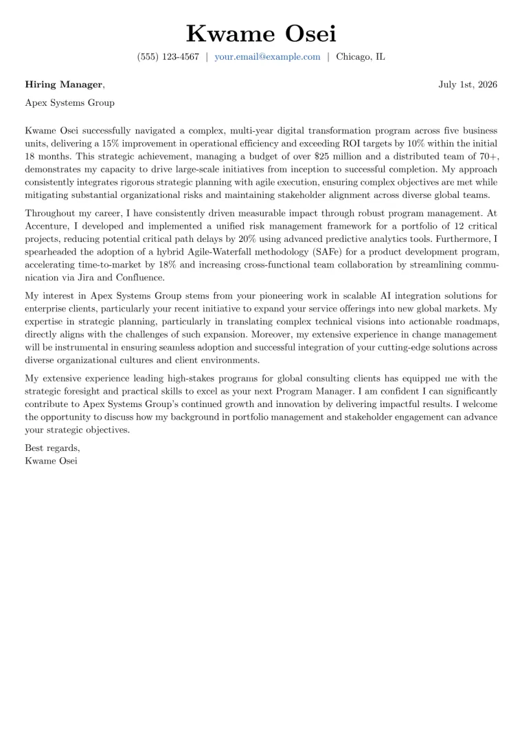 Program Manager cover letter example