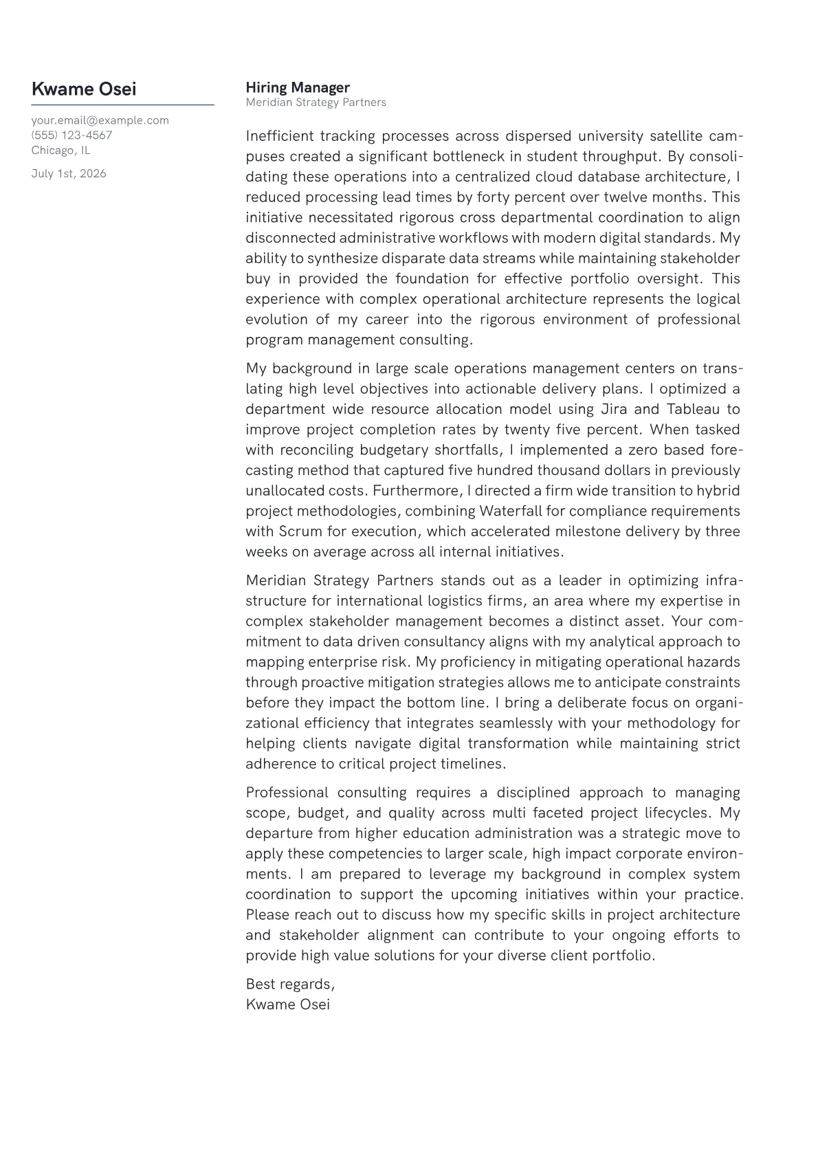 Program Manager cover letter in the Margin design
