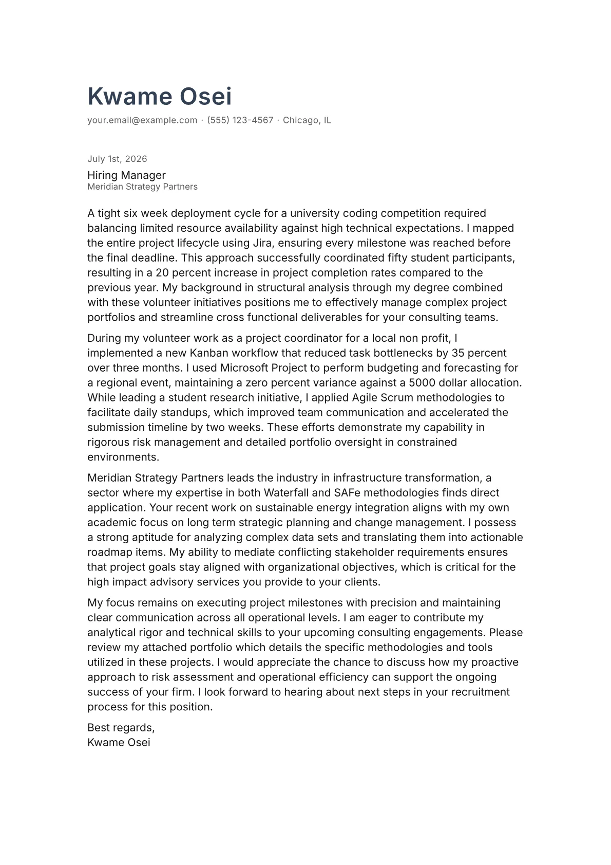 Program Manager cover letter in the Minimal design
