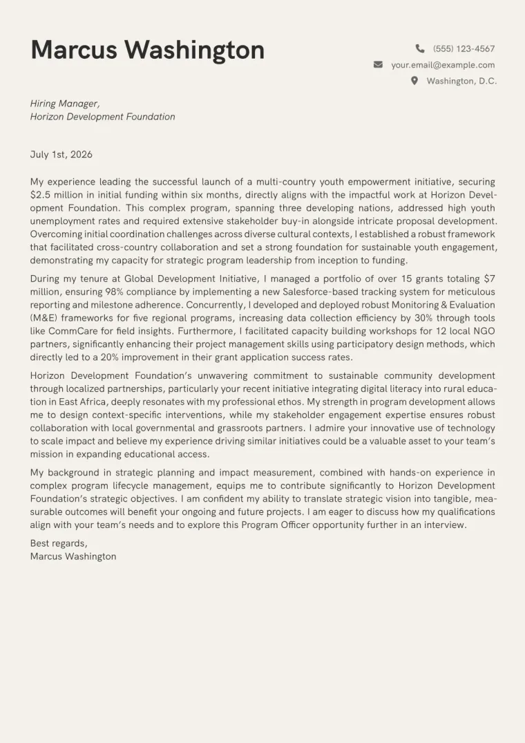 Program Officer Cover Letter Example