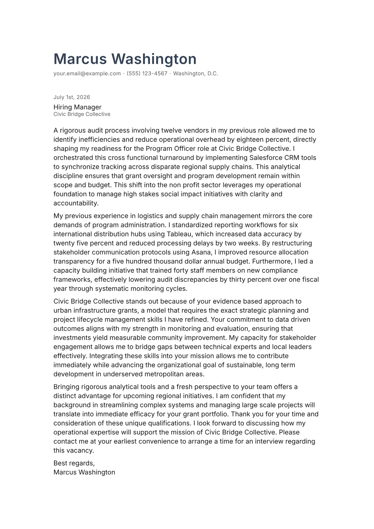 Program Officer cover letter in the Minimal design