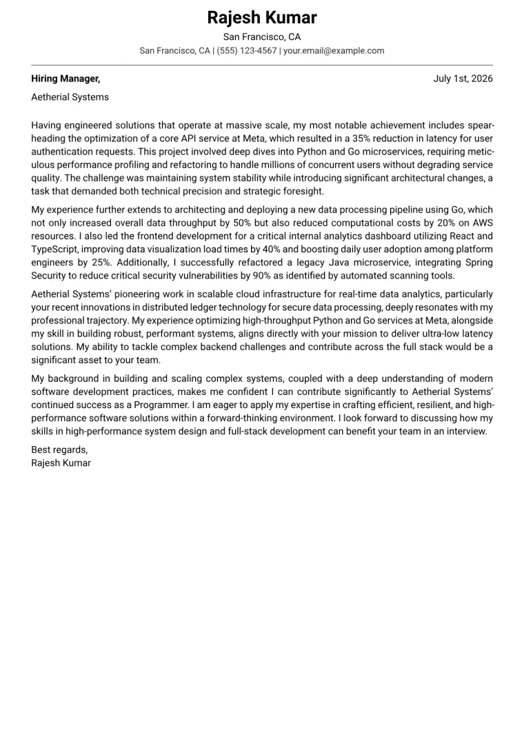 Programmer Cover Letter Example