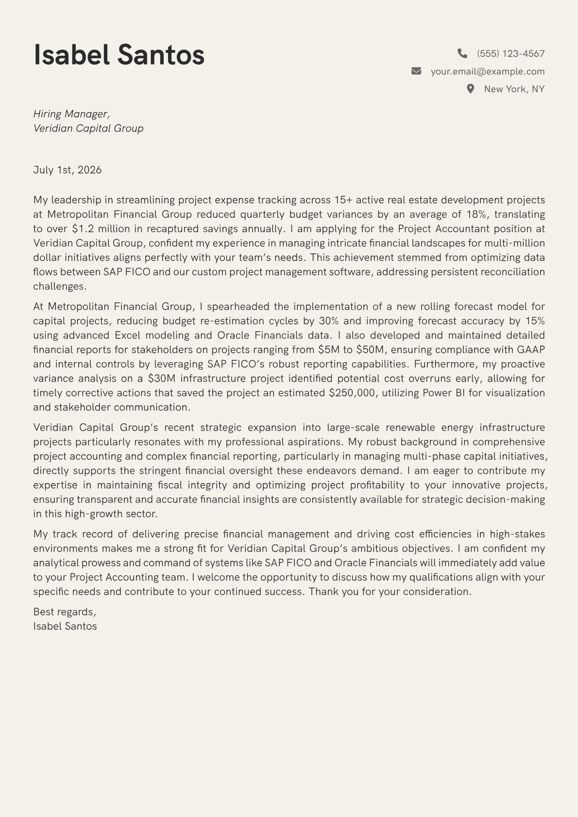 Project Accountant cover letter formatted with a JobSprout template